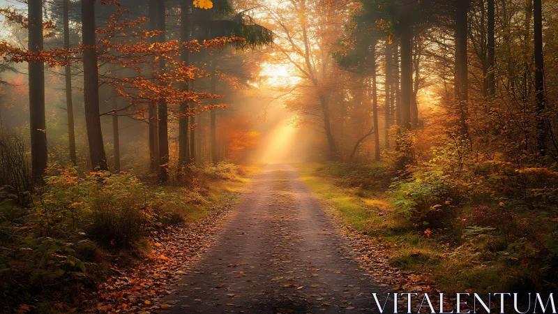 Serene Autumn Forest Pathway with Golden Morning Light.