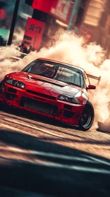 Red drift car tears through city street in smoking turn.
