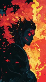 Dark warrior silhouette with red eyes against raging flames.