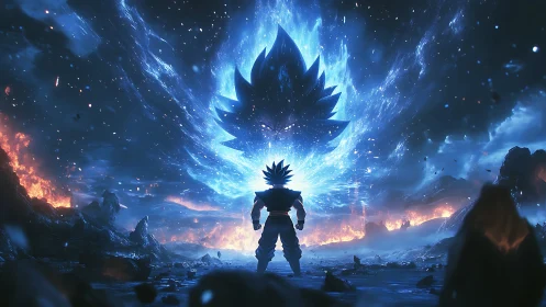 Heroic warrior ignites cosmic blue aura on ruined world.