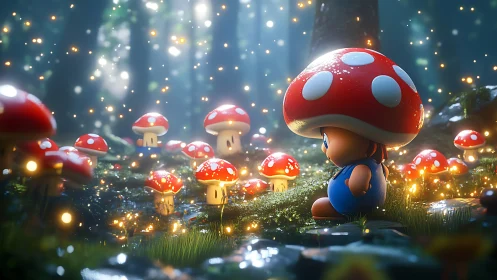 Mushroom-headed character sits among glowing forest fungi