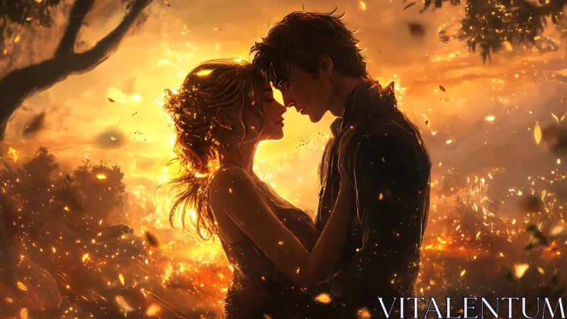 Two lovers embrace amid golden light and burning embers.