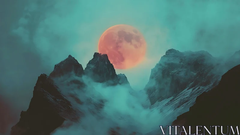 Red moon above mist-covered mountain peaks at twilight.