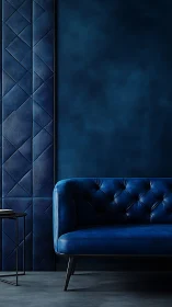 Deep blue tufted sofa anchors minimal geometric interior scene
