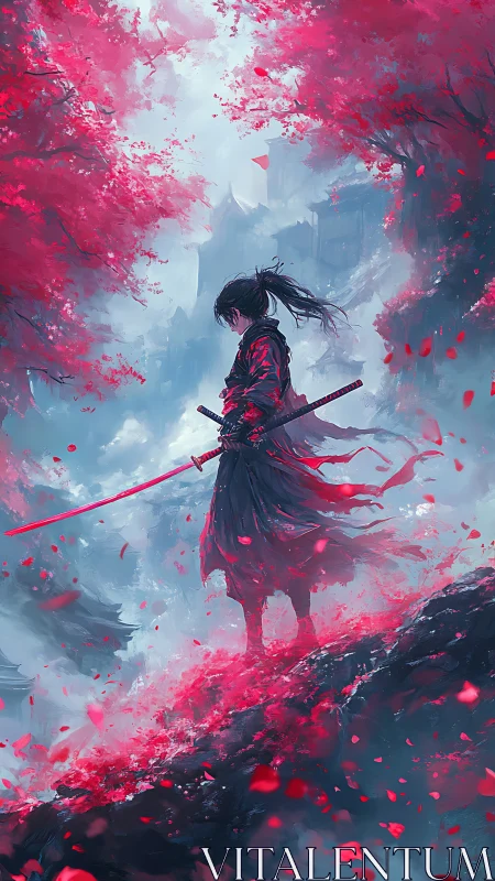 Lone samurai pauses in swirling cherry petals and soft mist