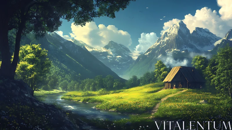 Sunny mountain meadow cabin beside a winding forest stream.