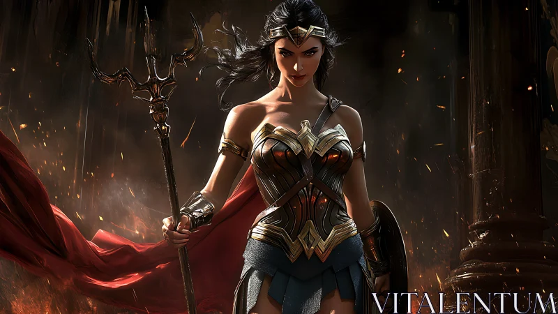 Digital painting of warrior heroine in dramatic ember-lit arena.