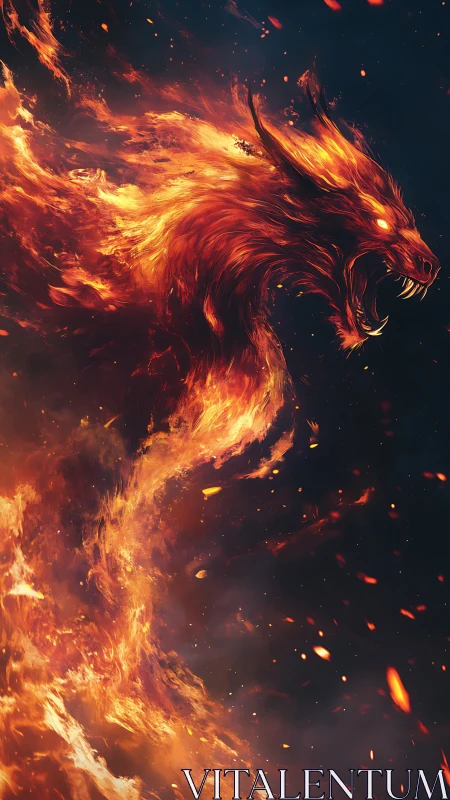 Fiery lupine silhouette emerging from vertical flame column.