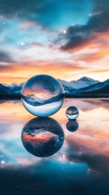 Crystal spheres mirror alpine sunset over reflective water