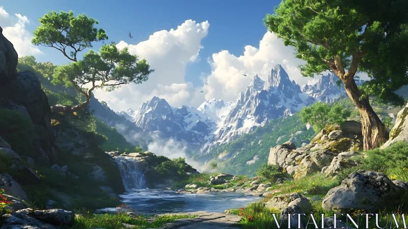 Sunlit alpine river dreams beneath towering crystal peaks.