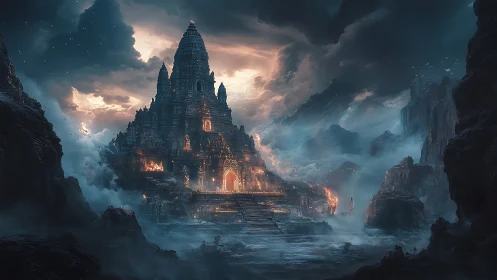 Ancient mountain temple fortress under stormy burning sky.