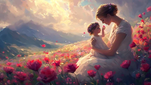 Mother and Child in Luminescent Floral Field Landscape.