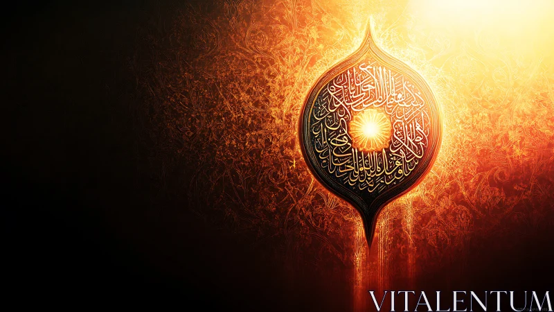 Radiant Arabic calligraphy jewel glowing in embered light.