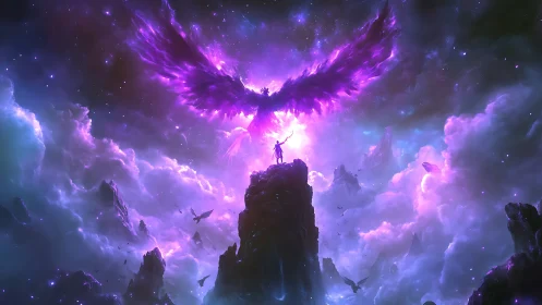 Celestial summit hero confronts vast luminous phoenix wings