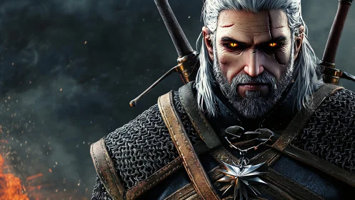 High-detail warrior portrait with chainmail, scarred face and swords