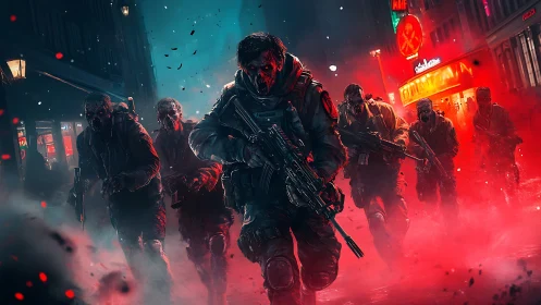 Post-apocalyptic assault squad advances through neon chaos.