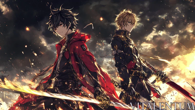 Two sword-wielding figures in burning sky environment.