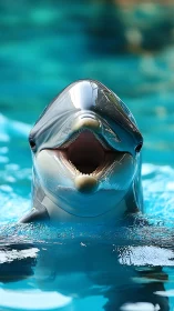 Laughing dolphin pops from turquoise pool in sunny delight.