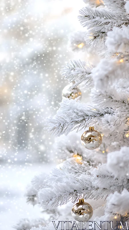 Snow-covered artificial tree with gold ornaments and lights.