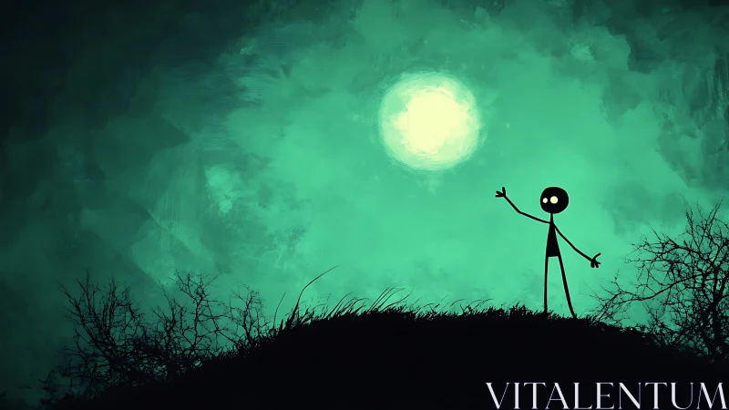 Stick figure greeting the glowing moon on a teal night.