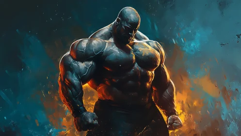 Muscular humanoid figure in abstract blue and orange field.