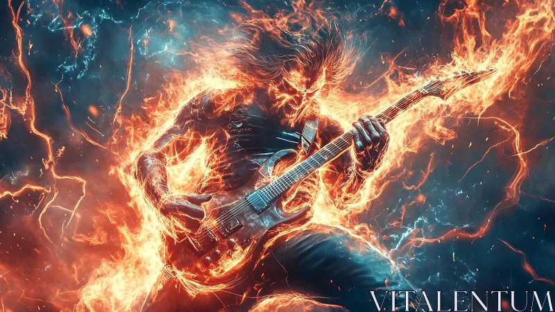 Flaming electric guitarist figure in dynamic blue-orange field.