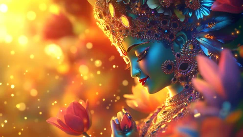 Divine blue goddess profile amid glowing lotus petals