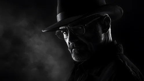 Low key monochrome portrait of older man in hat and glasses