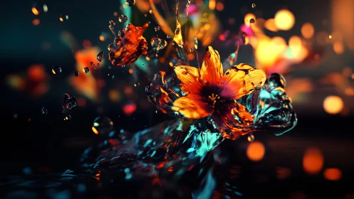 Vivid orange flower bursting through water in dramatic digital art.