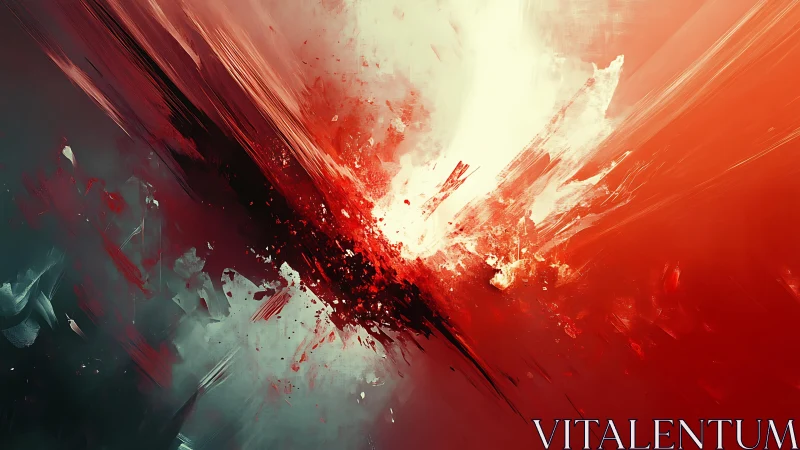 Dynamic abstract explosion in bold red and teal brushstrokes.