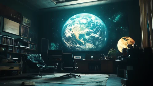 Earth projection dominates dim study lined with bookshelves