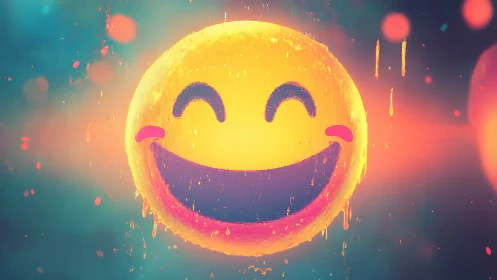 Luminescent smiling emoji sphere with glitch-drip artifacts.