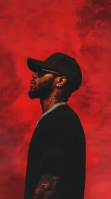 Side-profile urban portrait isolates subject against red field