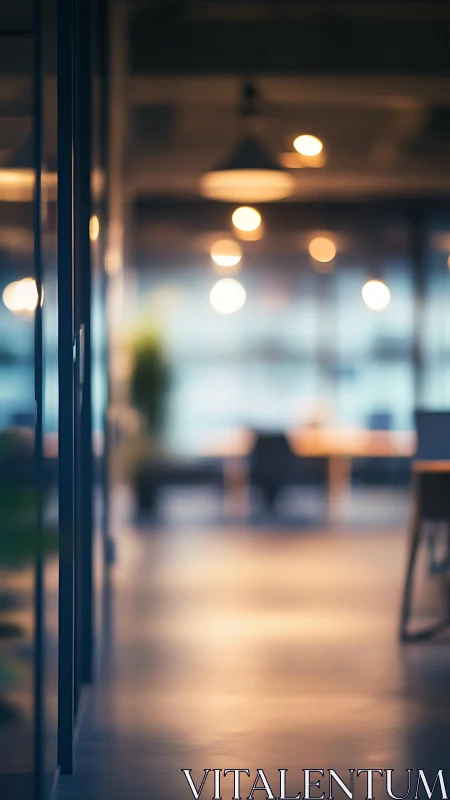 Shallow depth field rendering reveals interior architectural space through glass aperture