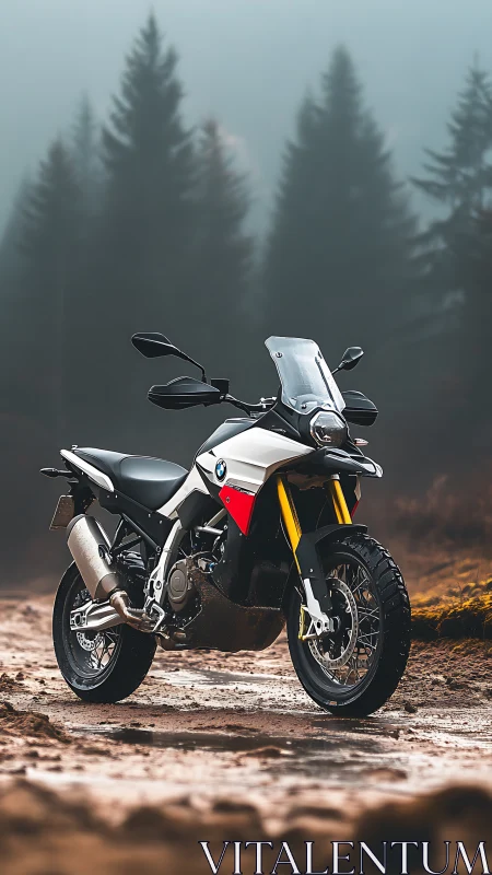 Adventure motorbike pauses on a misty forest trail.