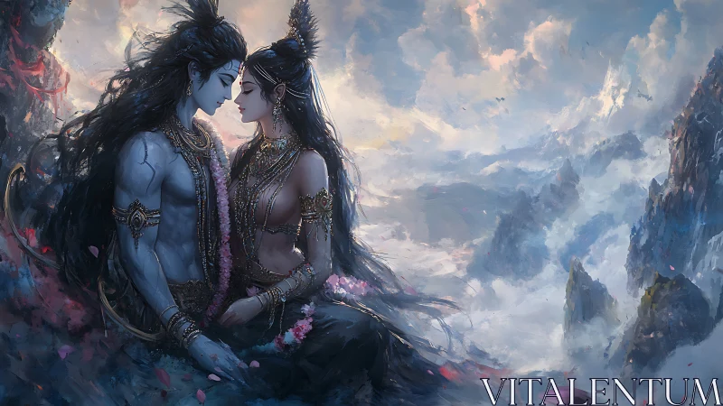 Celestial Devotion: Divine Beings Amid Mountain Mists.