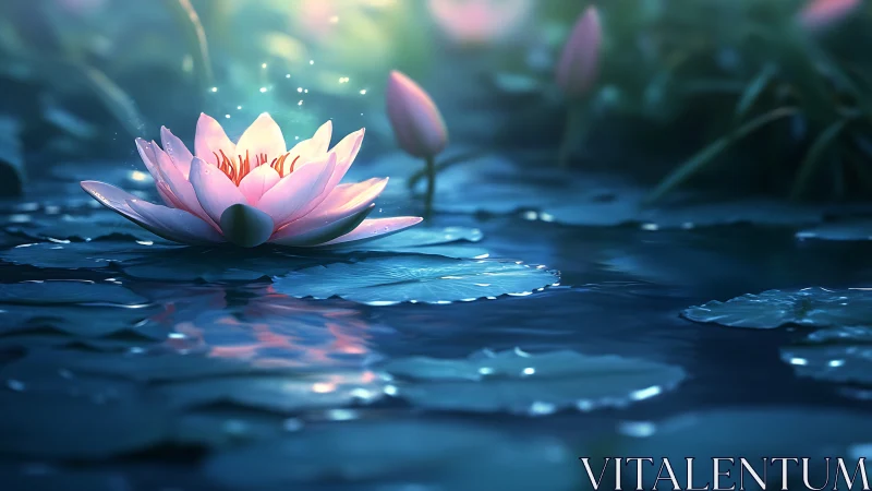 Digital painting of luminous lotus on tranquil night pond.