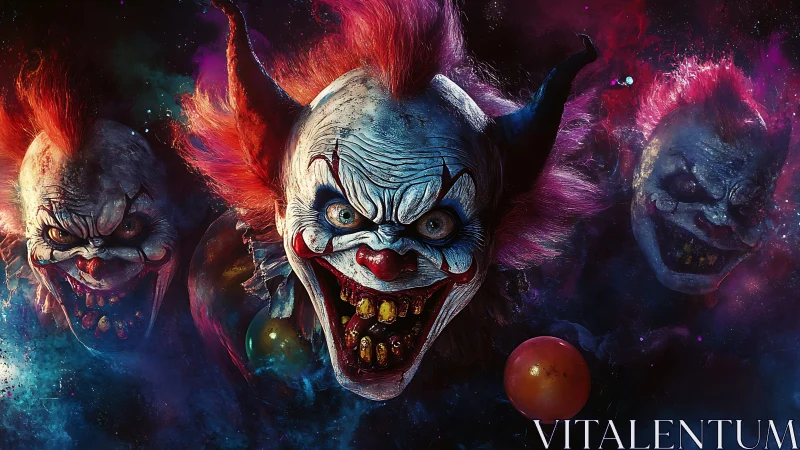 Grotesque demonic clown trio in vivid cosmic colors.