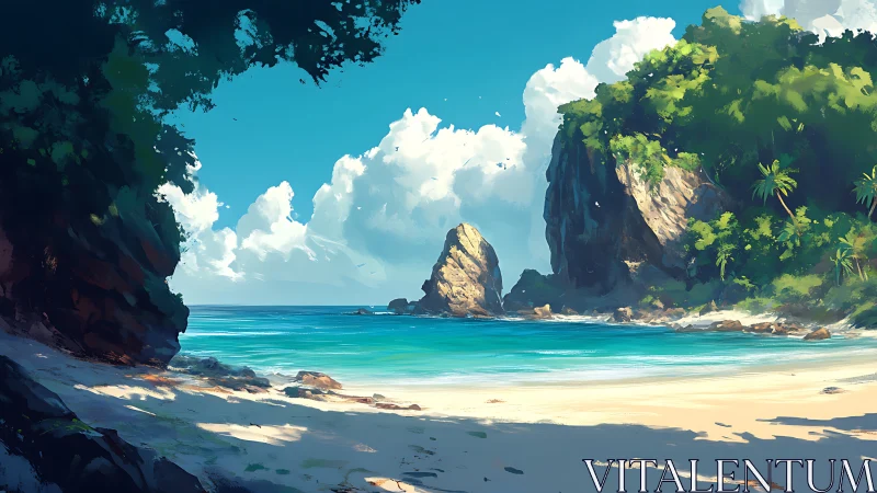 Tropical Cove with Monolithic Rock Formations and Lush Vegetation Under Cumulus Clouds