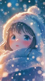 Snowlit anime girl in white hat watches falling winter lights