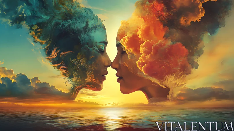 Dual Profile Dissolution: Abstract Profiles Merging into Atmospheric Fire and Teal Clouds.