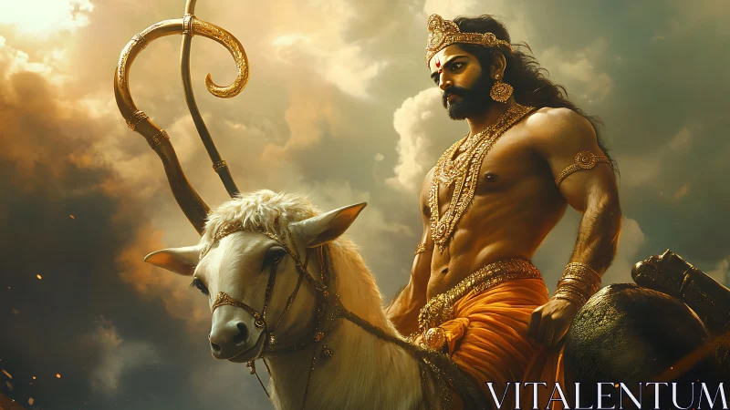 Mythic warrior on white bull under stormlit sky period.