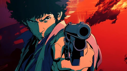 Dynamic cel-shaded gunman portrait with intense warm backlighting