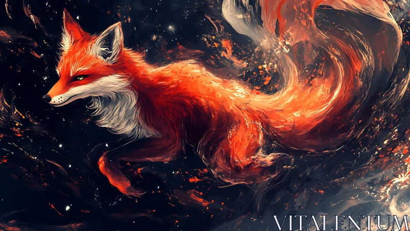 Fiery red fox suspended in swirling cosmic darkness.