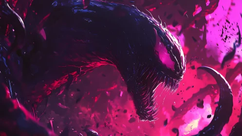 Ferocious alien creature roars in glowing pink chaos