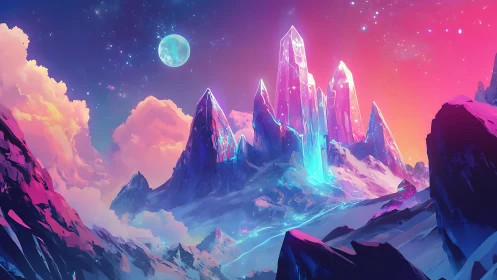 Crystal peaks rise over glowing snow under neon sky