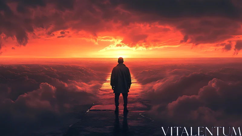 Solitary human silhouette on elevated cloudway at spectral sunset.