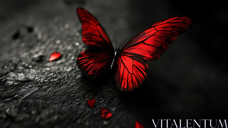 Photorealistic red butterfly on dark textured ground surface.