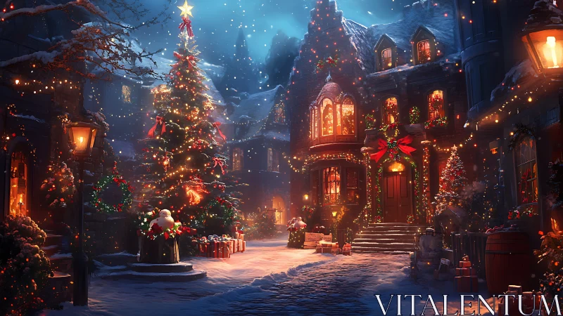 Snowy Christmas village glows under festive night sky.