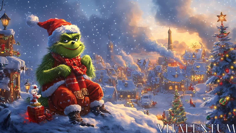 Cheerful green mischief-maker enjoys a glowing snowy town